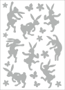 Satinier Schablone/ Aufkleber - 8 tanzende Hasen in Silber A5